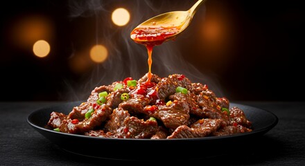 Sizzling Beef Stir-Fry Drizzled with Spicy Sauce, Steaming Hot and Ready to Devour