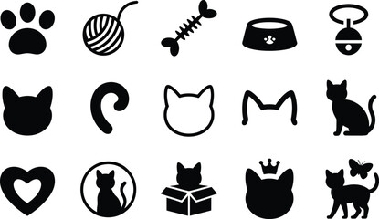 Cat icon silhouette vector set, collection of cat and pet accessory icon in black isolated style for design and decoration