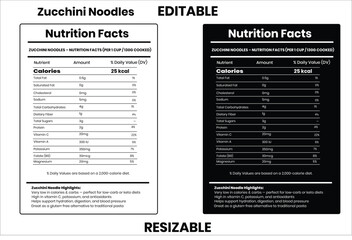 Zucchini Noodles nutrition facts ,nutrition facts, nutrition, nutrition label, calories in food, nutrition info, supplement facts, vector template