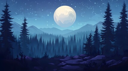 Enchanted Full Moon Illuminating Mysterious Spruce Trees at Night