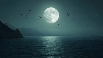 Enchanting Full Moon with Shooting Stars and Tropical Birds Flying