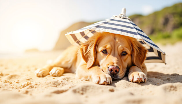 Golden retriever resting under a beach umbrella on a sunny day - Powered by Adobe