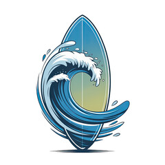 Illustration of a surfboard with a blue wave curling around it on a transparent background