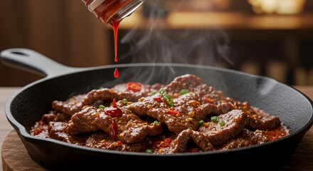 Savory Beef Stir-Fry Sizzles in a Cast Iron Pan, Drizzled with Rich Sauce
