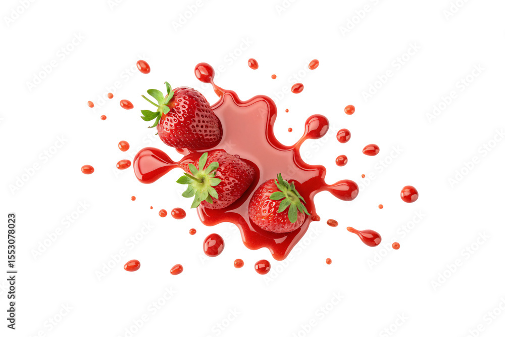 Poster fresh strawberries with vibrant red juice splash creating dynamic liquid explosion with scattered dr