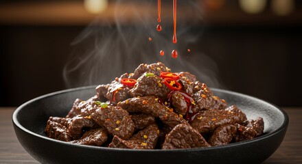 Steaming Hot Spicy Beef Cubes Drizzled with Rich Sauce