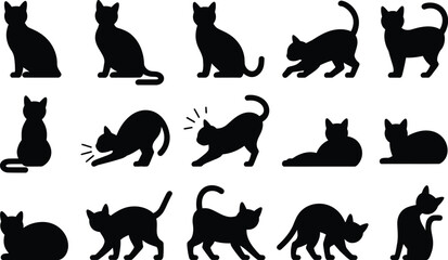 Cat silhouette vector set, collection of cat pose icon in black isolated style for design and decoration