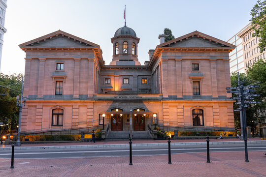 Portland, Oregon, USA - June 16th 2025: Pioneer Courthouse, home of the Court of Appeal for the 9th circuit, early morning light