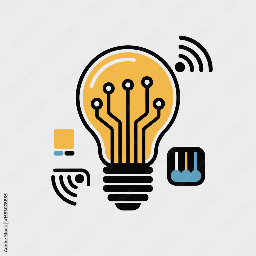Poster yellow lightbulb with integrated circuitry smart technology wireless network connectivity data trans