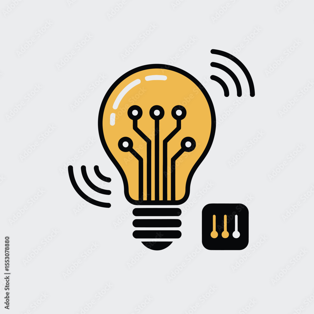 Poster yellow smart lightbulb icon with circuit board design and wireless signal indicators control panel g