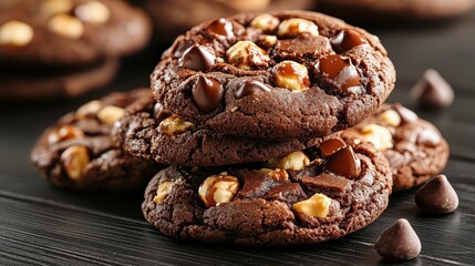 A delicious stack of rich chocolate chip cookies made with premium ingredients, showcasing a wonderful blend of textures and inviting indulgent aromas.