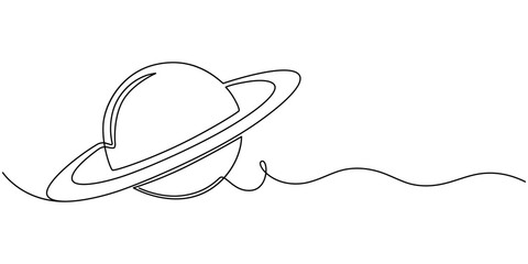 One continuous line drawing of planet. Saturn planet in one line drawing. One line drawing background. Vector illustration. Line art of planet, Continuous one line Saturn Planet. Solar system vector 