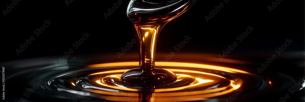 Poster golden fluid dripping onto other liquid, creating intricate radial patterns in a dark environment