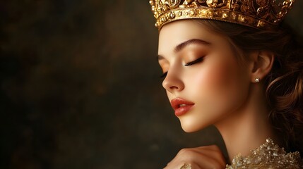 Regal Golden Crowned Mythical Queen in Lovely Portrait