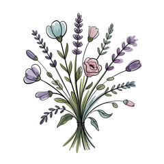 Delicate bouquet of lavender and other flowers on a transparent background with a tied stem design