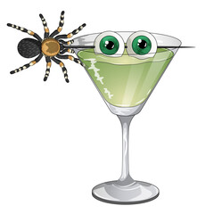 Green Halloween Cocktail with Eyeballs and Tarantula Garnish – Spooky Party Drink Illustration