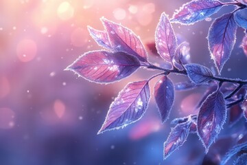 Fototapeta premium Frosted leaves glistening in soft light, showcasing intricate details and vibrant colors, creating a serene atmosphere of winter beauty and nature's artistry