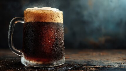 Refreshing Dark Beer in a Frosty Glass Mug on a Rustic Wooden Table A Cool and Crisp Beverage