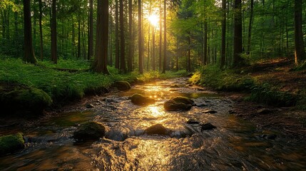 Sunlit forest creek with warm, natural lighting