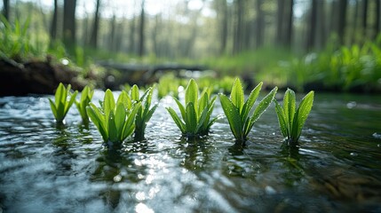 Tranquil freshwater stream with budding plants in early spring 