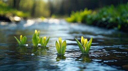 Tranquil freshwater stream with budding plants in early spring 