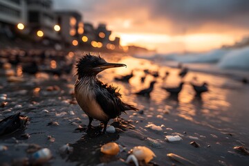 Oil-Slicked Seabird on Polluted Urban Shoreline at Sunset. Marine pollution