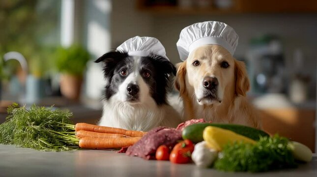 A pair of dogs, wearing chef hats, are ready to cook a delicious meal with fresh ingredients.