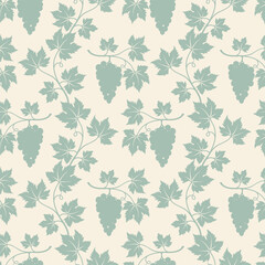 Grapevine pattern, green bunches of grapes silhouettes on beige background.