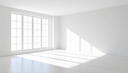 Bright empty room with large grid windows casting shadows on white wooden floor and walls.