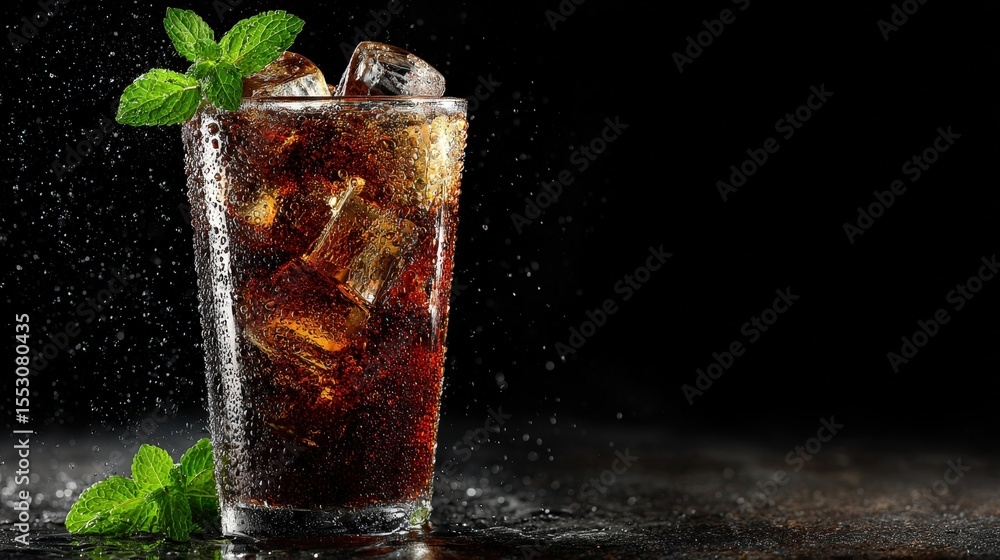 Poster refreshing cola drink with ice cubes and mint garnish in glass a close up image of a sparkling bever