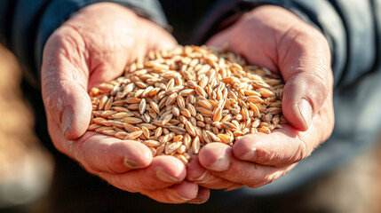 Close-up of hands gently holding wheat kernels during quality control inspection, blurred agricultural background, soft daylight