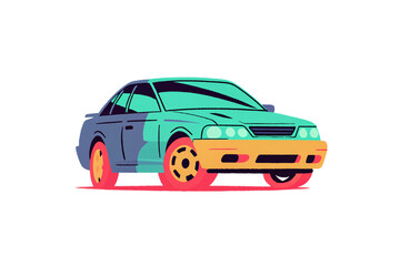 Modern sports car with teal, purple, orange color blocking, low profile design, stylized illustration, isolated on a transparent background
