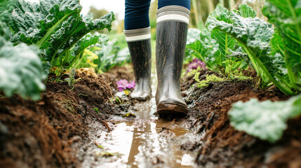 Close-up of feet wearing rubber boots standing on a muddy garden path between rows of vegetables, early morning dew, soft natural light