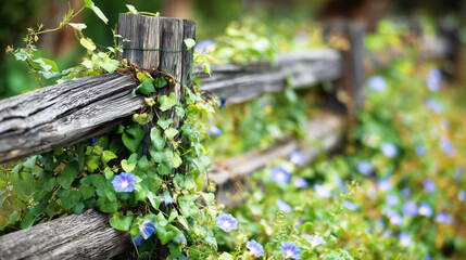 Close-up of a rustic wooden garden fence covered in climbing vines and blooming flowers, shallow depth of field, natural countryside aesthetic