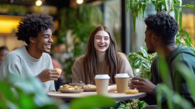 Cozy eco café setting, lush greenery. Group of fun happy friends enjoy time together, sharing coffee and snacks. Warm cozy cool atmosphere, connection and relaxation. Friendship, leisure.