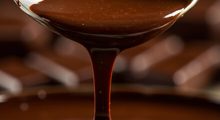 Close-up of melted dark chocolate on spoon. Rich dessert texture.

