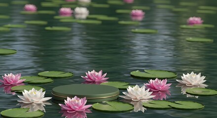 Calm waters with water lilies and pads surround an elegant green platform perfect for product presentation and display.