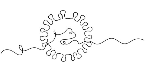 Coronavirus bacteria Virus Cell Icon, virus cell continuous one line drawing, Continuous one line cartoon doodle hand drawn of Virus cell and medicine syringe inside isolated on white background.