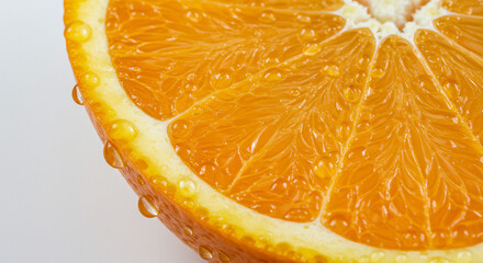 Macro shot of a fresh orange slice with water drops. High-resolution food texture.

