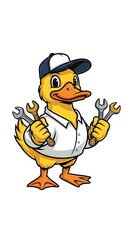 Obraz premium retro vintage cartoon cool yellow mechanic handyman duck mascot holding a wrench, wearing uniform and baseball cap, friendly smiling face, isolated white background, worker, cheerful, animal, cute 