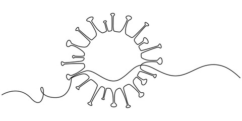 Coronavirus bacteria Virus Cell Icon, virus cell continuous one line drawing, Continuous one line cartoon doodle hand drawn of Virus cell and medicine syringe inside isolated on white background.
