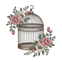 Vintage birdcage adorned with pink and white flowers and green leaves on a transparent background