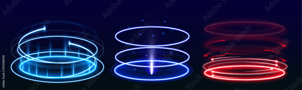 Poster a realistic light effect podium with a holographic glow is centered on a black backdrop. designed fo