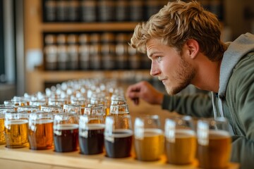 Young man examining the quality of craft beer at a brewery, carefully assessing the flavor and aroma of his latest brew, Generative AI