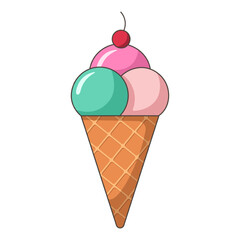 Cartoon ice cream isolated on white. Three multi colored balls in waffle cone. Pink, mint green and cream color gelato scoops and cherry on the top. Vector clipart illustration.