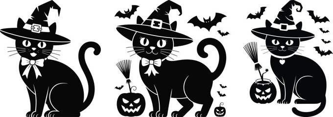 Obraz premium Halloween cat silhouette vector set, collection of witch cat with hat, bat, pumpkin icon in black isolated style for design
