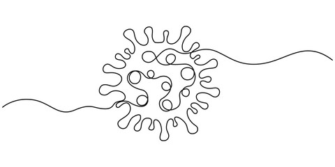 Coronavirus bacteria Virus Cell Icon, virus cell continuous one line drawing, Continuous one line cartoon doodle hand drawn of Virus cell and medicine syringe inside isolated on white background.
