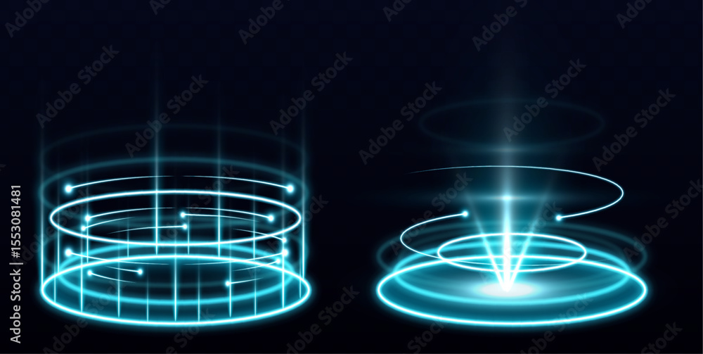 Poster a realistic light effect podium with a holographic glow is centered on a black backdrop. designed fo