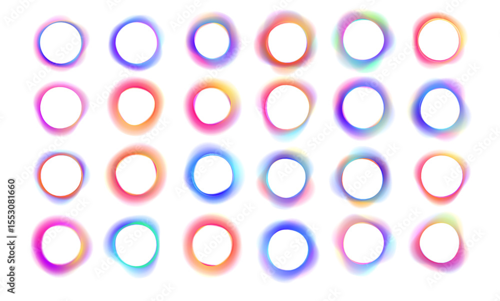 Poster Set of neon glowing rings with gradient overflow on white background PNG. Colorful bright neon template. Iridescent chrome drops or hologram irregular freeform organic shapes.	