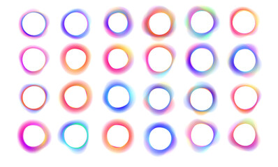Obraz na płótnie Canvas Set of neon glowing rings with gradient overflow on white background PNG. Colorful bright neon template. Iridescent chrome drops or hologram irregular freeform organic shapes. 